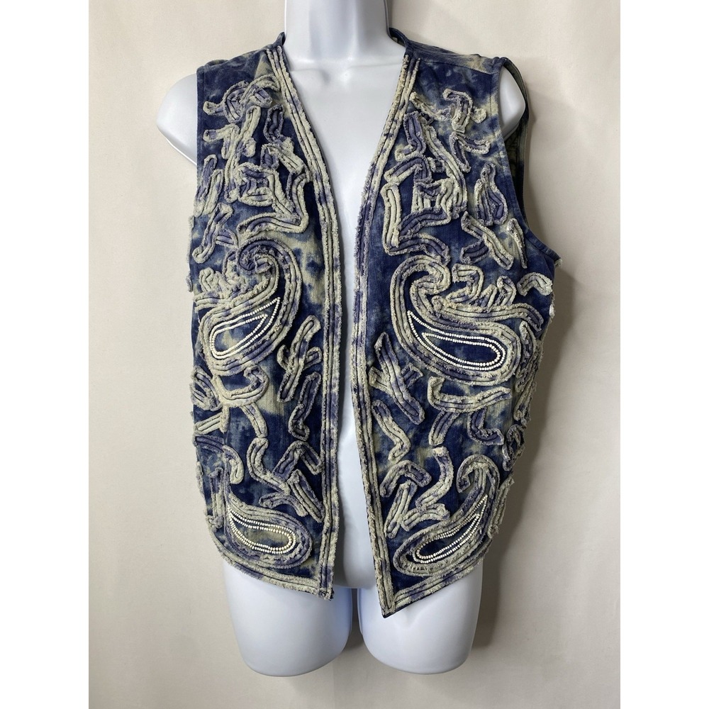 Chico's Womens Jean Vest Size 2 Embroidered Art To Wear Cottagecore Bohemian Y2K